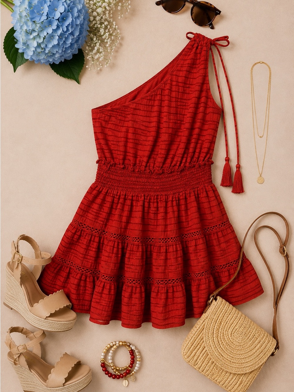 Taylor Red Seersucker One Shoulder Smocked Tiered Mini Dress